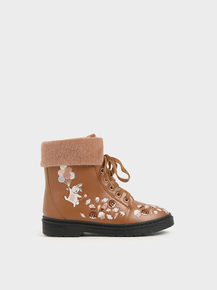 Girl&apos;s Furry Cuff Embroidered Ankle Boots, Nude, hi-res