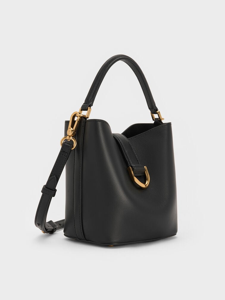 Gabine Leather Belted Top-Handle Bucket Bag, Black, hi-res