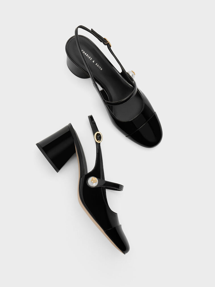 Pearl Embellished Patent Slingback Pumps, Black Patent, hi-res