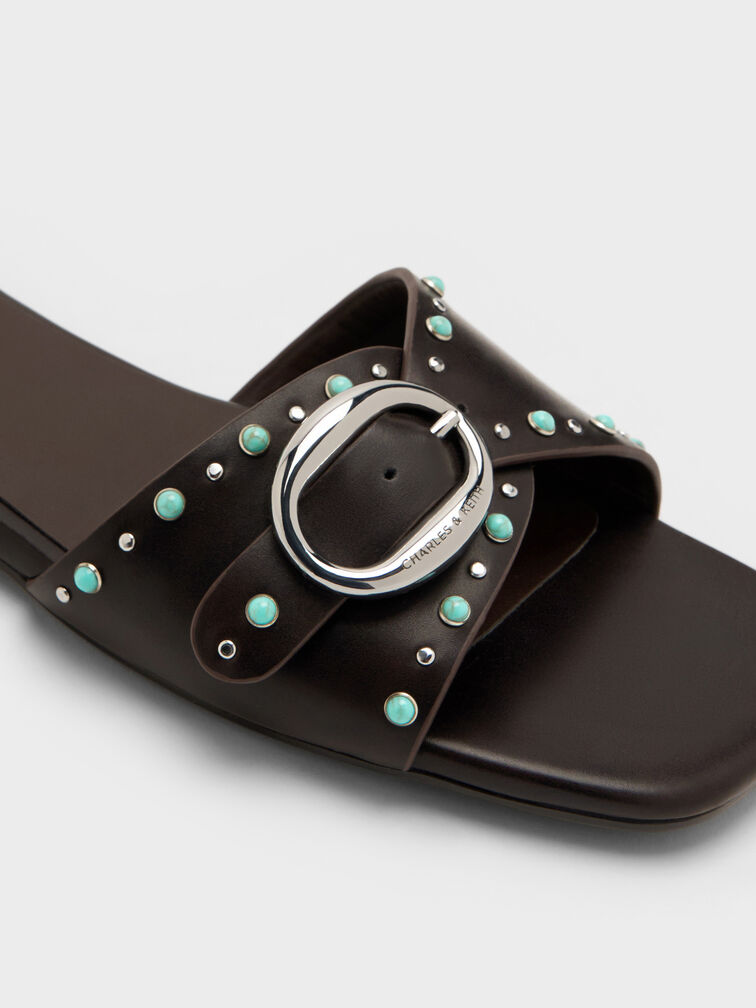 Studded Buckled Slide Sandals, Dark Brown, hi-res