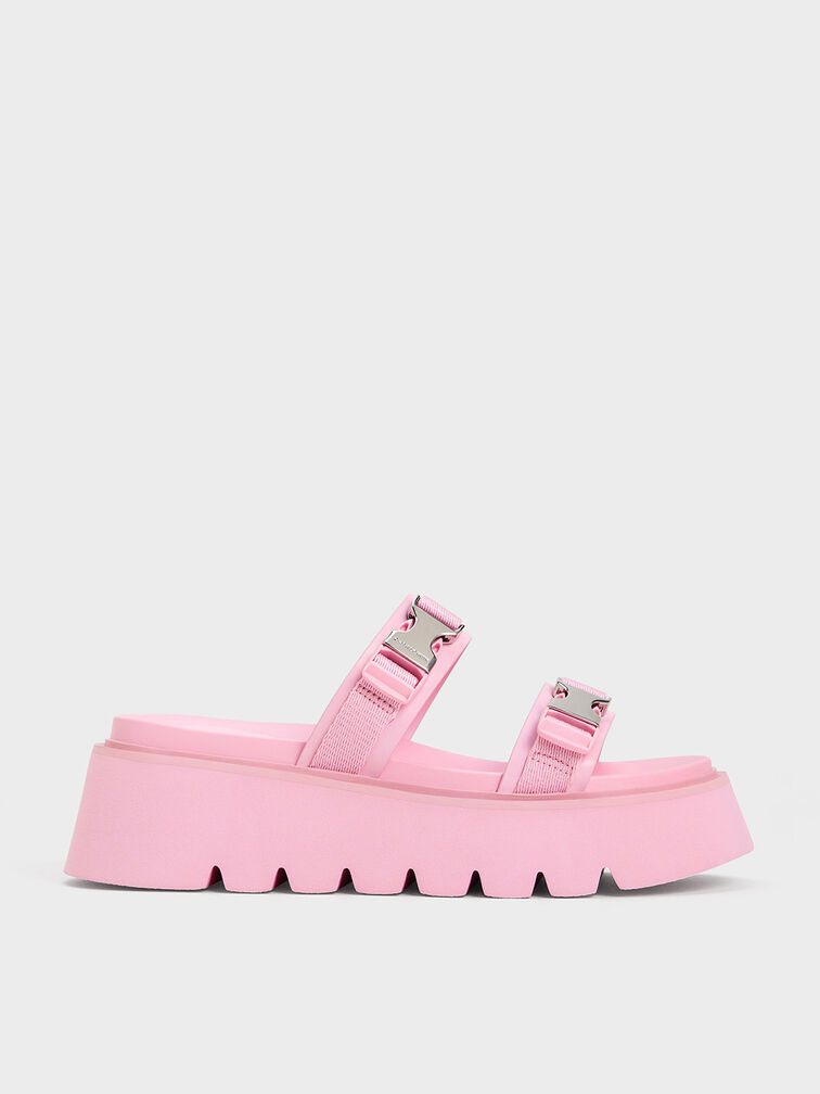 Laine Metallic-Buckle Flatform Sandals, Light Pink, hi-res