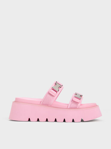 Laine Metallic-Buckle Flatform Sandals, Light Pink, hi-res