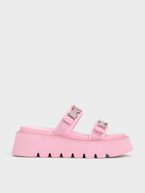 Laine Metallic-Buckle Flatform Sandals, Light Pink, hi-res