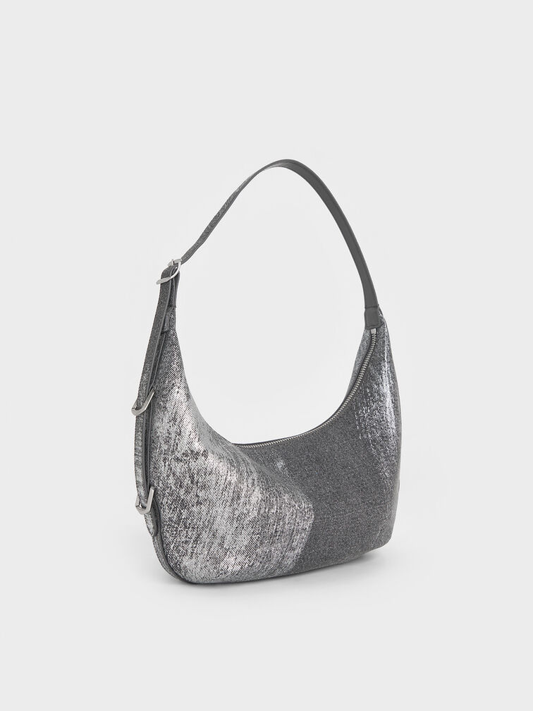 Bryna Denim Curved Hobo Bag, Silver Brushed Denim, hi-res