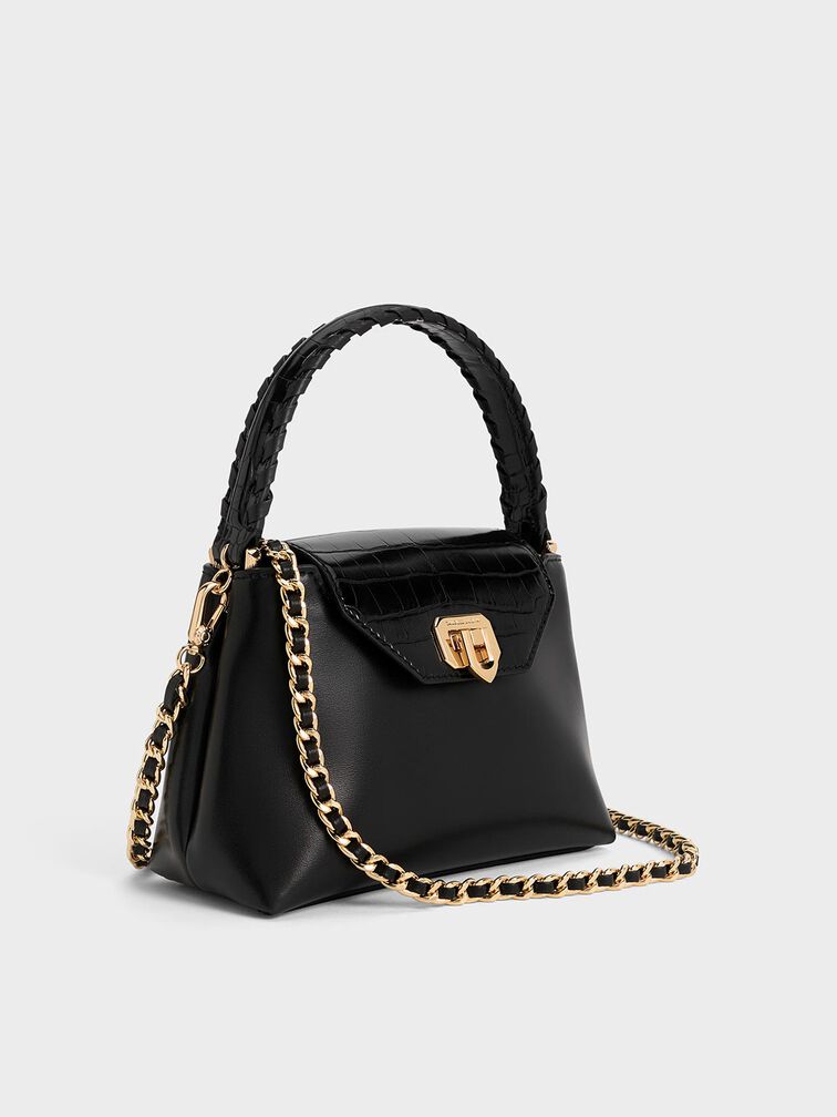 Arwen Croc-Effect Braided-Strap Top Handle Bag, Black, hi-res