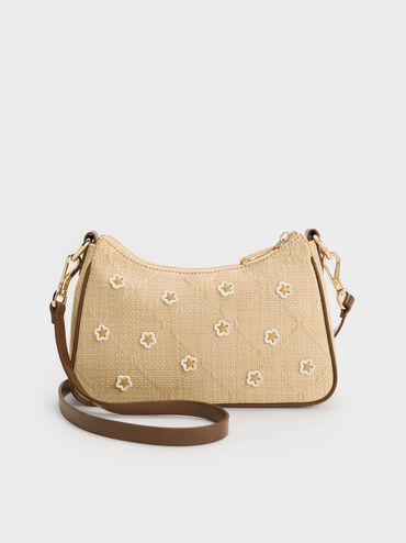 Philomena Raffia Flower Crossbody Bag, Beige, hi-res
