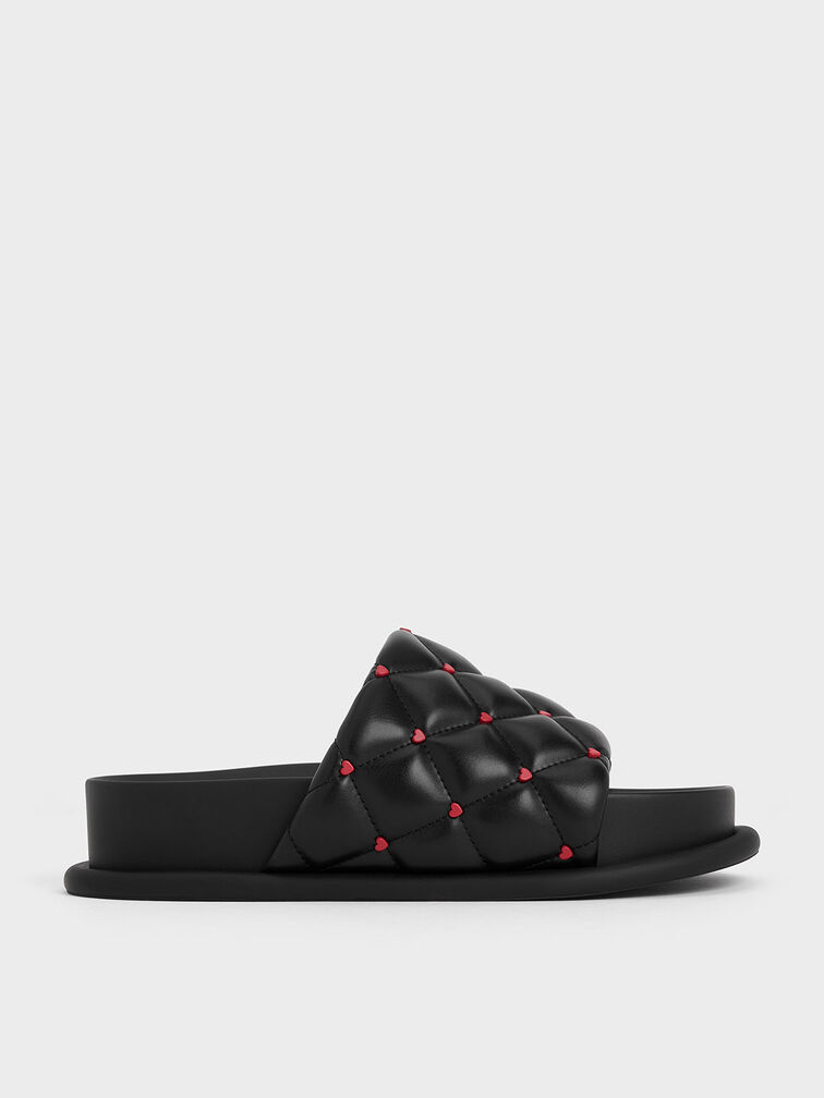 Dahlia Padded Quilted Heart-Print Sandals, Black, hi-res