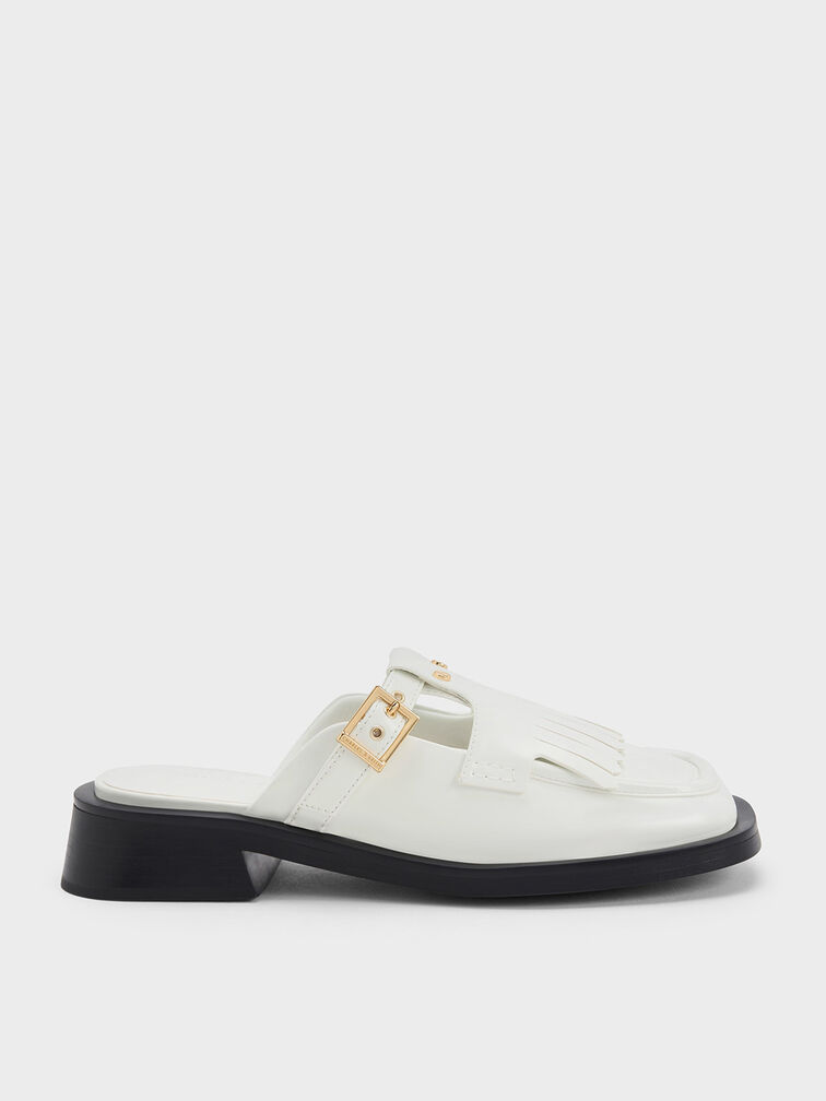 Studded Cut-Out Fringe Mules, White, hi-res
