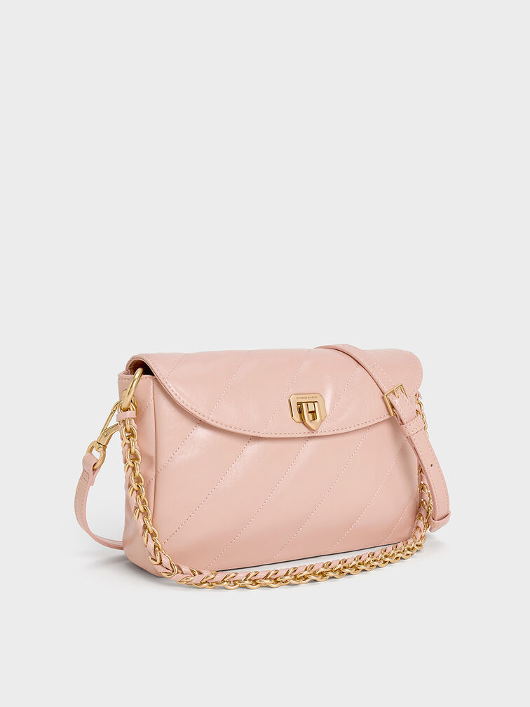 Fawn Panelled Front Flap Chain-Handle Bag, Light Pink, hi-res