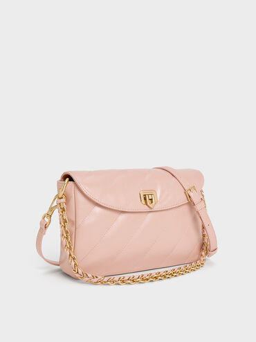 Fawn Panelled Front Flap Chain-Handle Bag, Light Pink, hi-res
