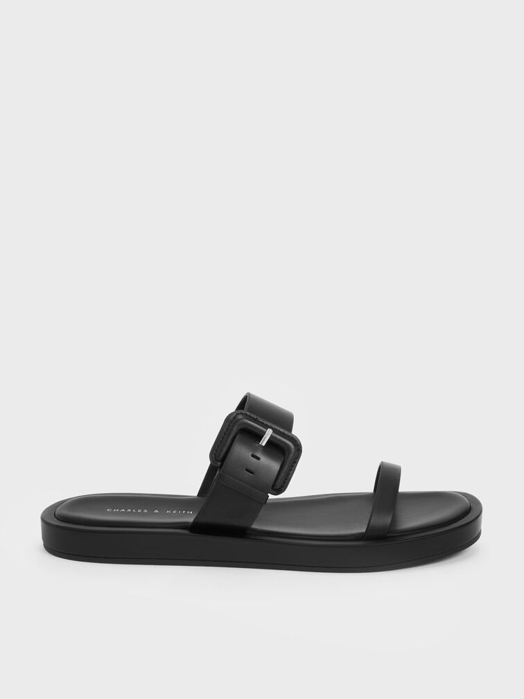 Buckled Strap Slides, Black, hi-res