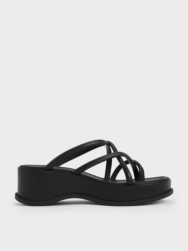 Strappy Tubular Wedge Sandals, Black, hi-res