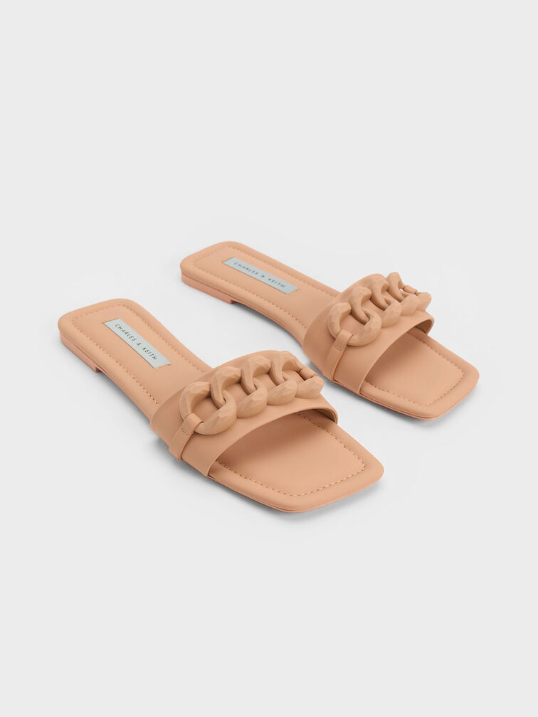 Chunky Chain-Link Slide Sandals, Camel, hi-res