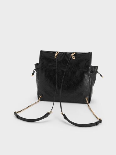 Duo Quilted Drawstring Two-Way Backpack, Black, hi-res