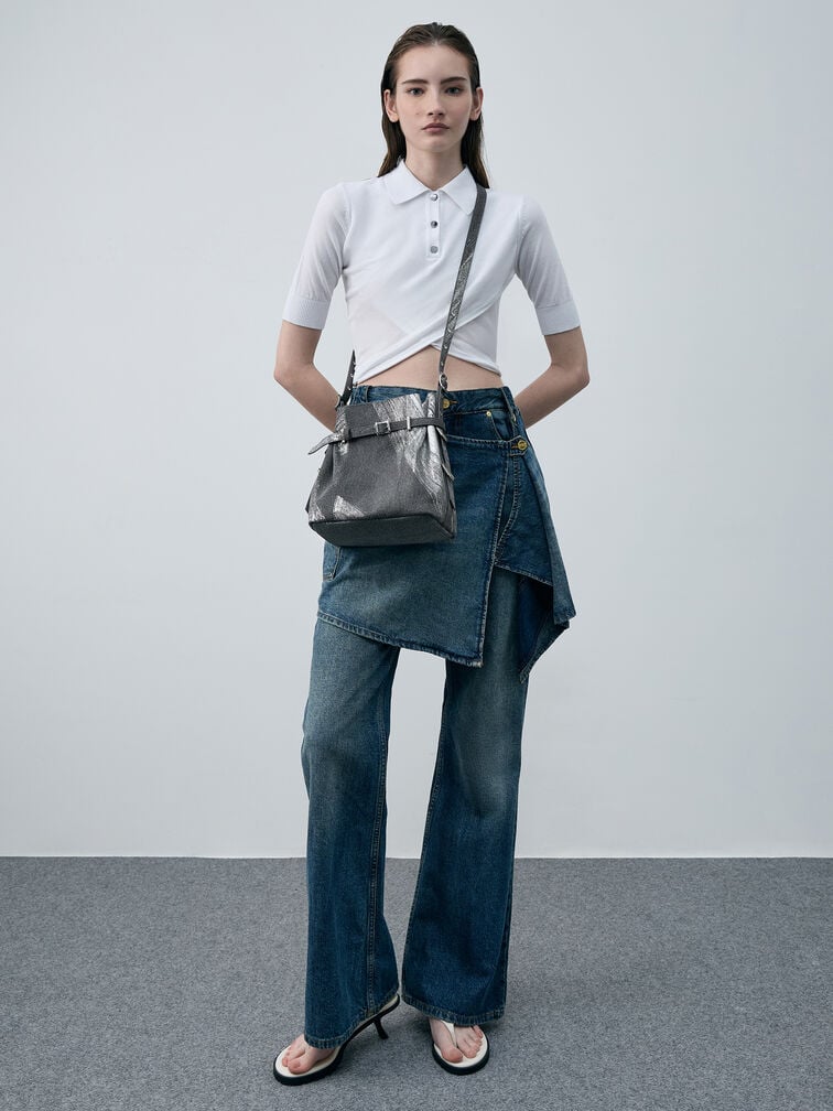 Bryna Brushed Denim Belted Bucket Bag, Silver Brushed Denim, hi-res