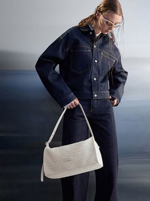 Textured Elongated Shoulder Bag, Frosted White, hi-res