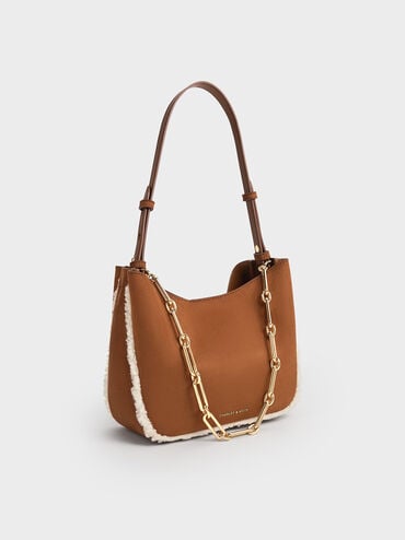 Robyn Faux Suede Fur-Trim Chain-Handle Bag, Brown, hi-res