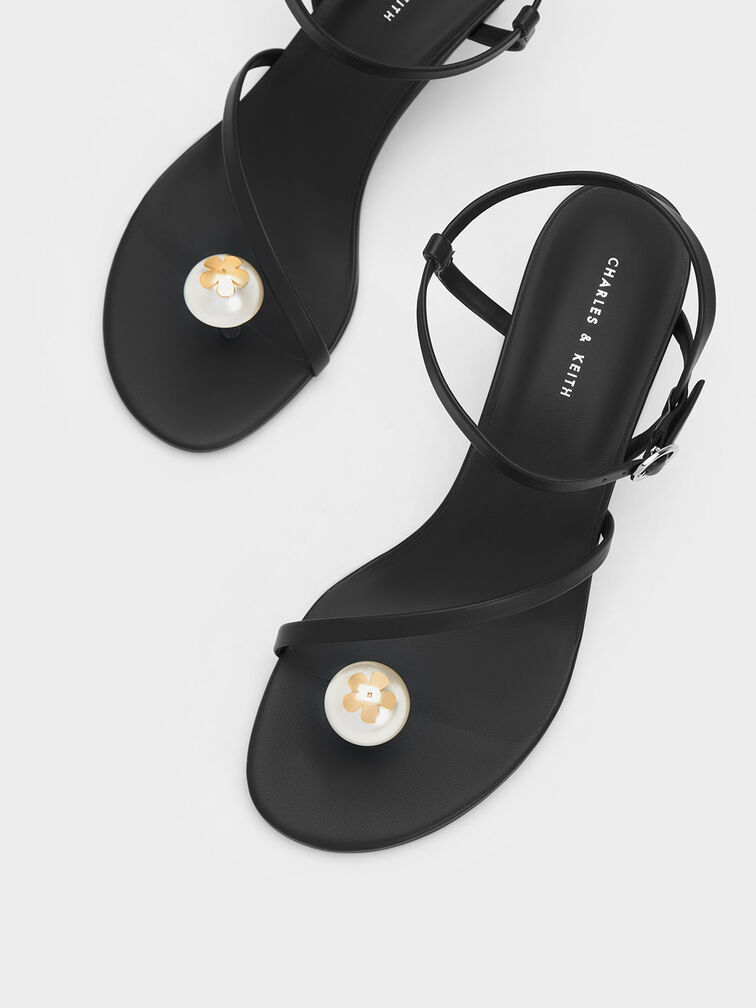 Pearl Embellished Strappy Sandals, Black, hi-res