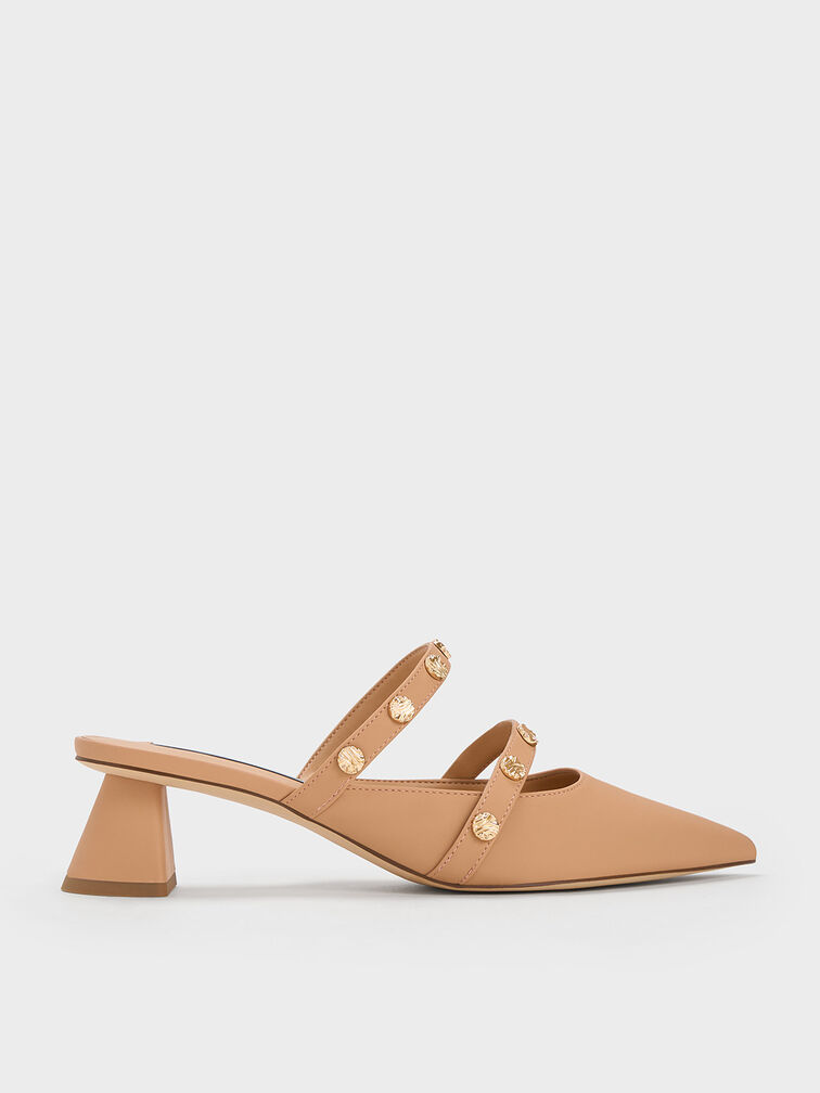 Studded Trapeze Heel Mules, Camel, hi-res