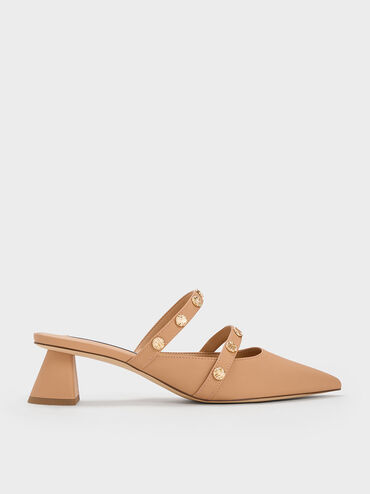 Studded Trapeze Heel Mules, Camel, hi-res