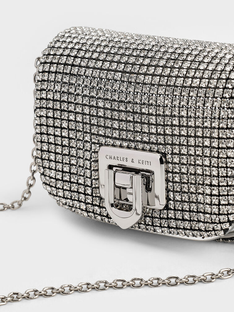 Crystal-Embellished Turn-Lock Mini Bag, Silver, hi-res