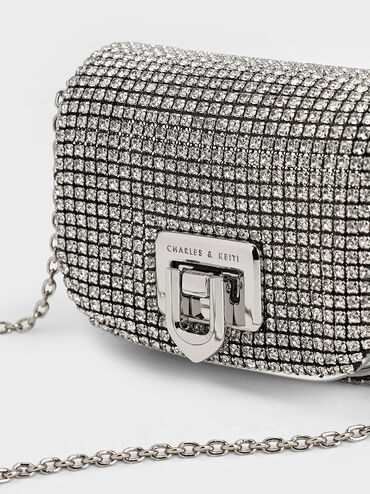 Crystal-Embellished Turn-Lock Mini Bag, Silver, hi-res