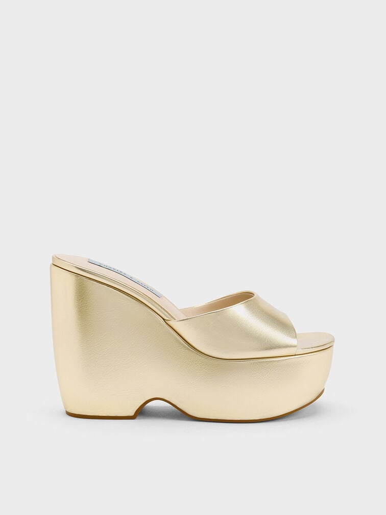 Metallic Chunky Platform Wedge Mules, Gold, hi-res