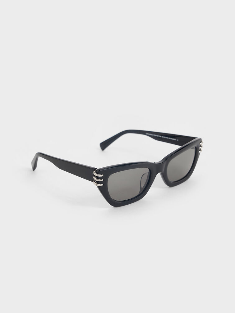 Recycled Acetate Metallic-Accent Angular Cat-Eye Sunglasses, Noir, hi-res