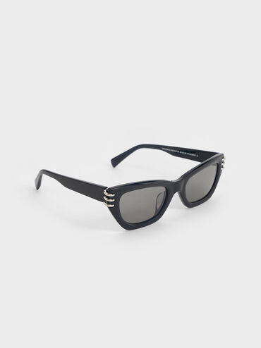 Recycled Acetate Metallic-Accent Angular Cat-Eye Sunglasses, Noir, hi-res