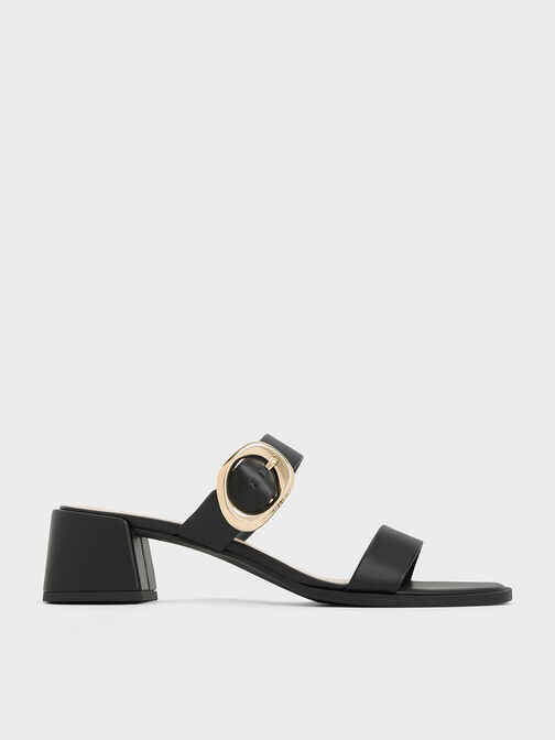 Oval Buckle-Accent Trapeze-Heel Mules, Black, hi-res