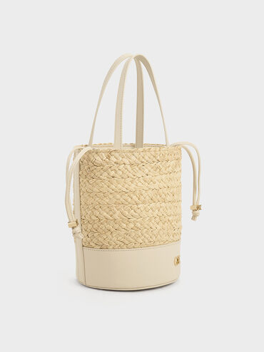 Leather & Raffia Bucket Bag, Beige, hi-res
