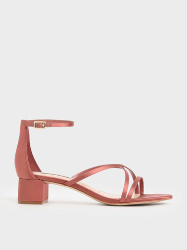 Satin Strappy Heeled Sandals, Pink, hi-res