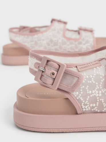 Beaded Mesh Flatform Sandals, Nude, hi-res