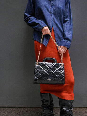 Apfra Quilted Chain-Handle Bag, Black, hi-res