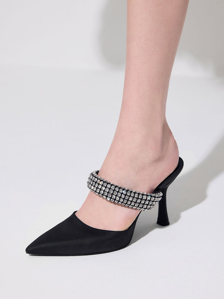 Gem-Embellished Strap Mules, Black, hi-res