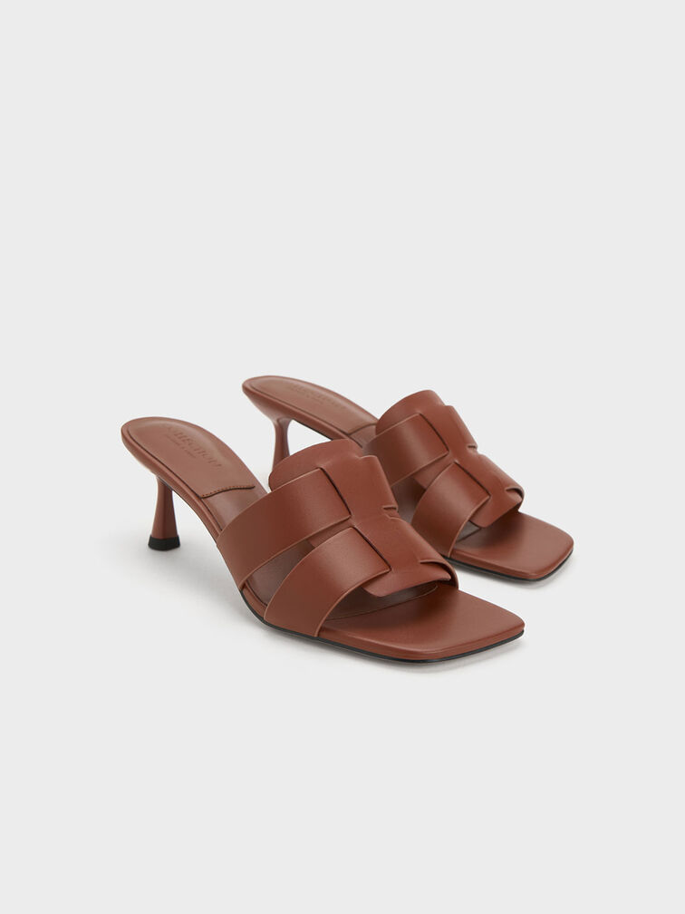 Trichelle Interwoven Leather Spool Heel Mules, Dark Brown, hi-res