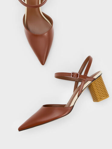 Rattan Block Heel Pumps, Cognac, hi-res