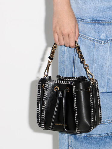 Circe Stitch-Trim Bucket Bag, Black, hi-res