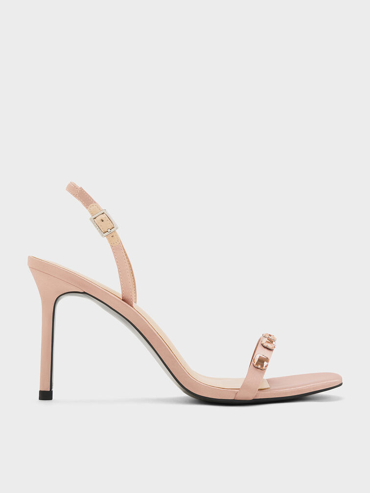 Recycled Polyester Gem-Embellished Heeled Slingback Sandals, Pink, hi-res