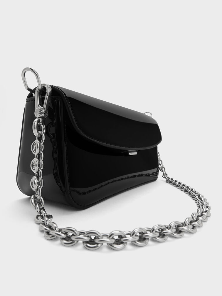 Patent Chain-Handle Shoulder Bag, Noir, hi-res