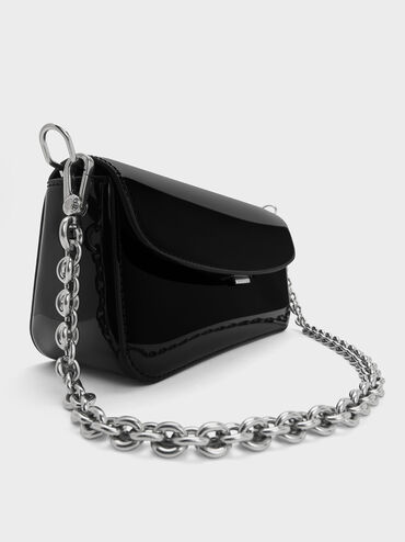 Patent Chain-Handle Shoulder Bag, Noir, hi-res