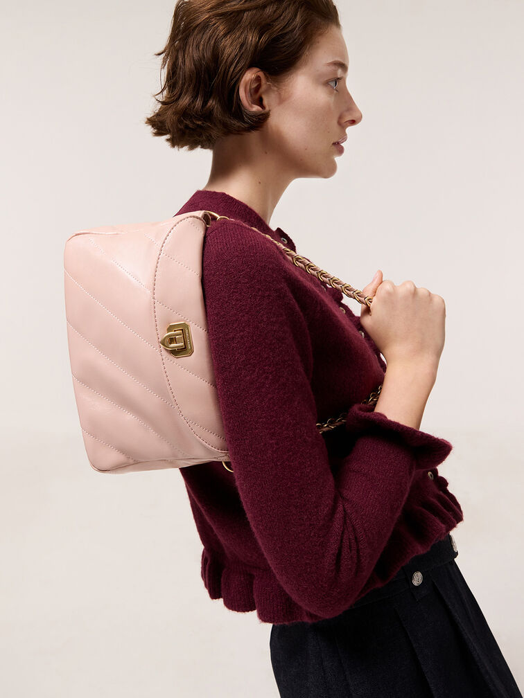 Fawn Panelled Front Flap Chain-Handle Bag, Light Pink, hi-res