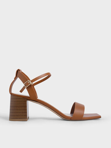 Ankle Strap Stacked Heel Sandals, Caramel, hi-res