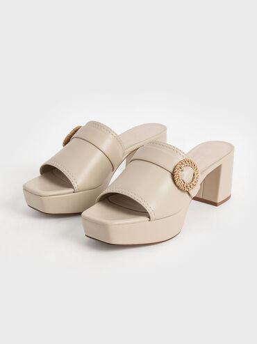 Woven Buckle Platform Mules, Chalk, hi-res