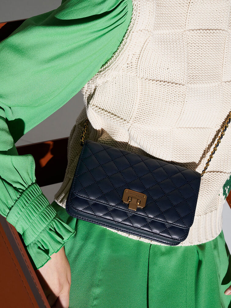 Quilted Push-Lock Clutch, Navy, hi-res