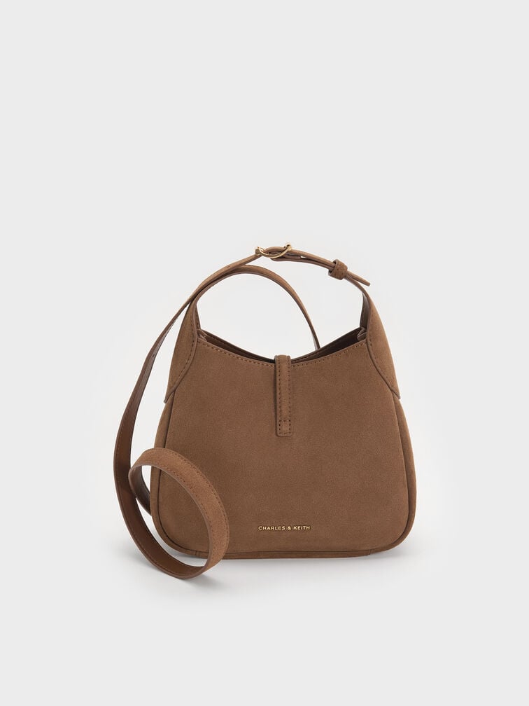 Mini Adalyn Recycled Suede Metallic-Buckle Belted Hobo Bag, Mocha Brown, hi-res