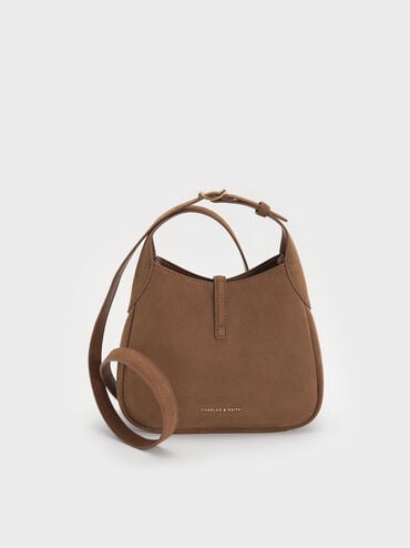 Mini Adalyn Recycled Suede Metallic-Buckle Belted Hobo Bag, Mocha Brown, hi-res