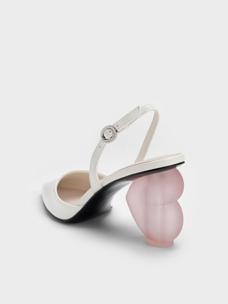 Heart Heel Slingback Pumps, White, hi-res