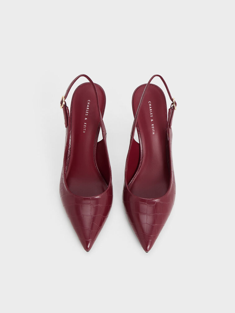 Croc-Embossed Stiletto Heel Slingback Pumps, Animal Print Burgundy, hi-res