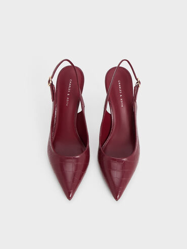 Croc-Embossed Stiletto Heel Slingback Pumps, Animal Print Burgundy, hi-res